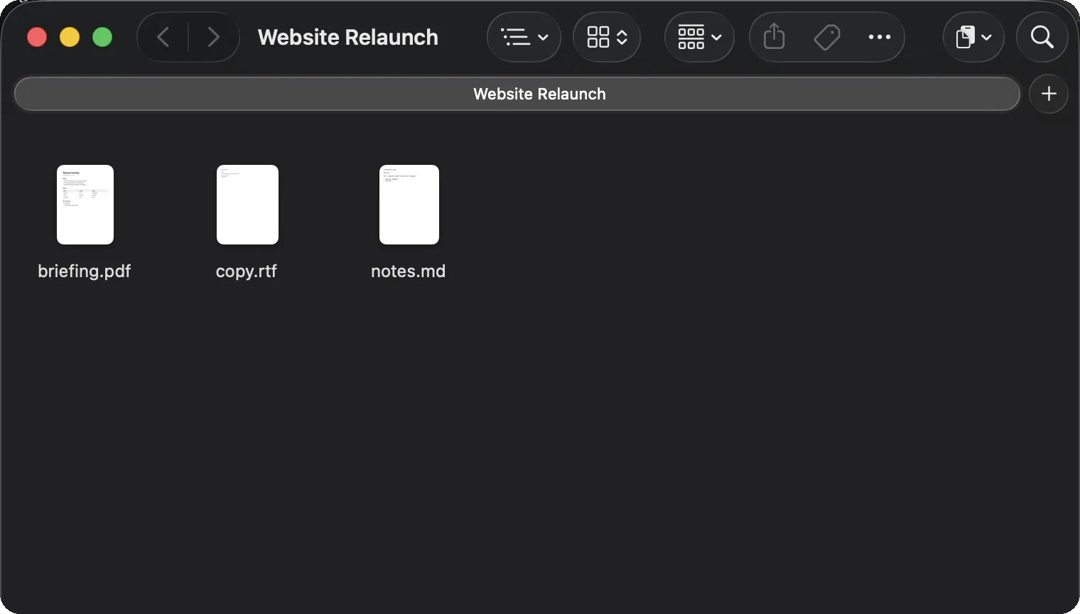 Finder, open on the Website Relaunch folder: briefing.pdf, copy.rtf and notes.md.