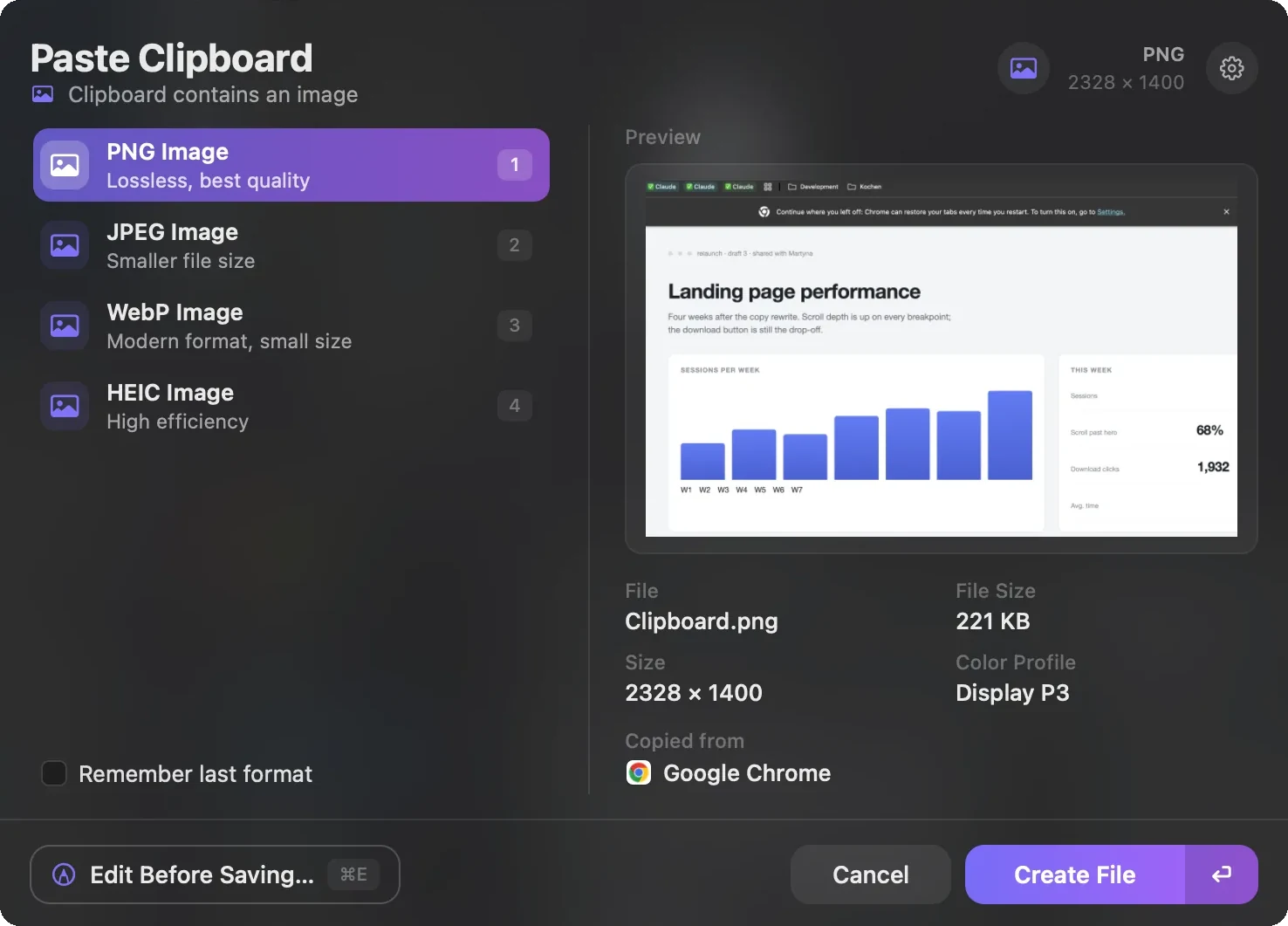 Klippster’s Paste Clipboard panel: PNG, JPEG, WebP and HEIC beside a preview of the copied chart.