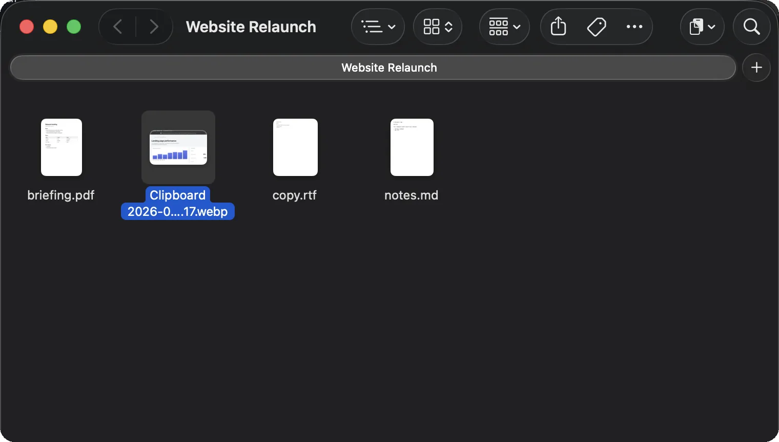 The same Finder folder, now with the new .webp file in it, selected.