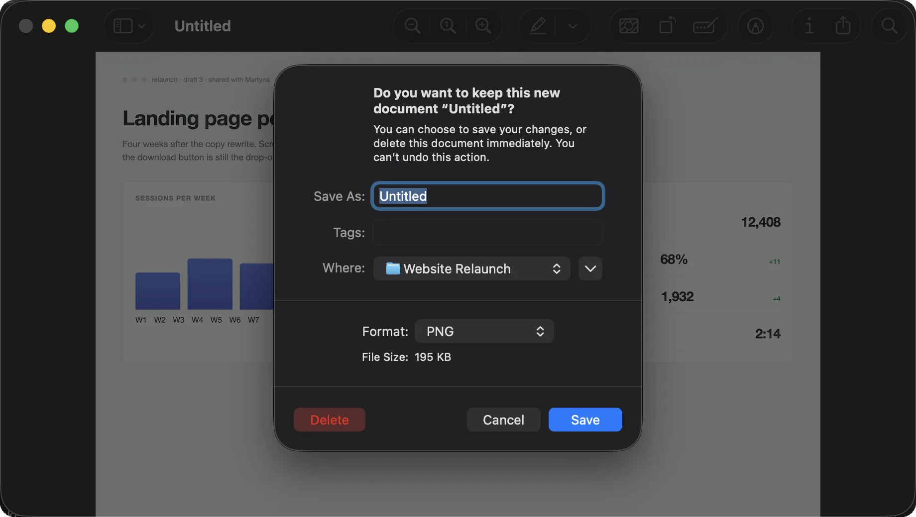 macOS asking whether to keep the new document “Untitled”, with Delete, Cancel and Save.