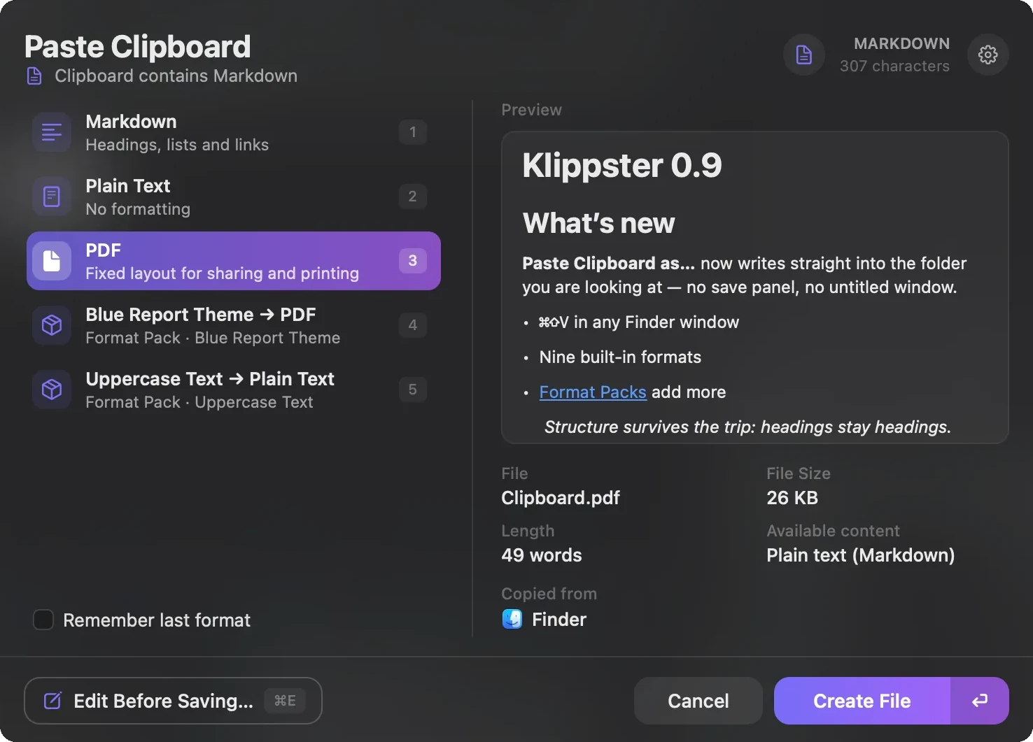 The same panel with PDF selected — Clipboard.pdf, 26 KB.