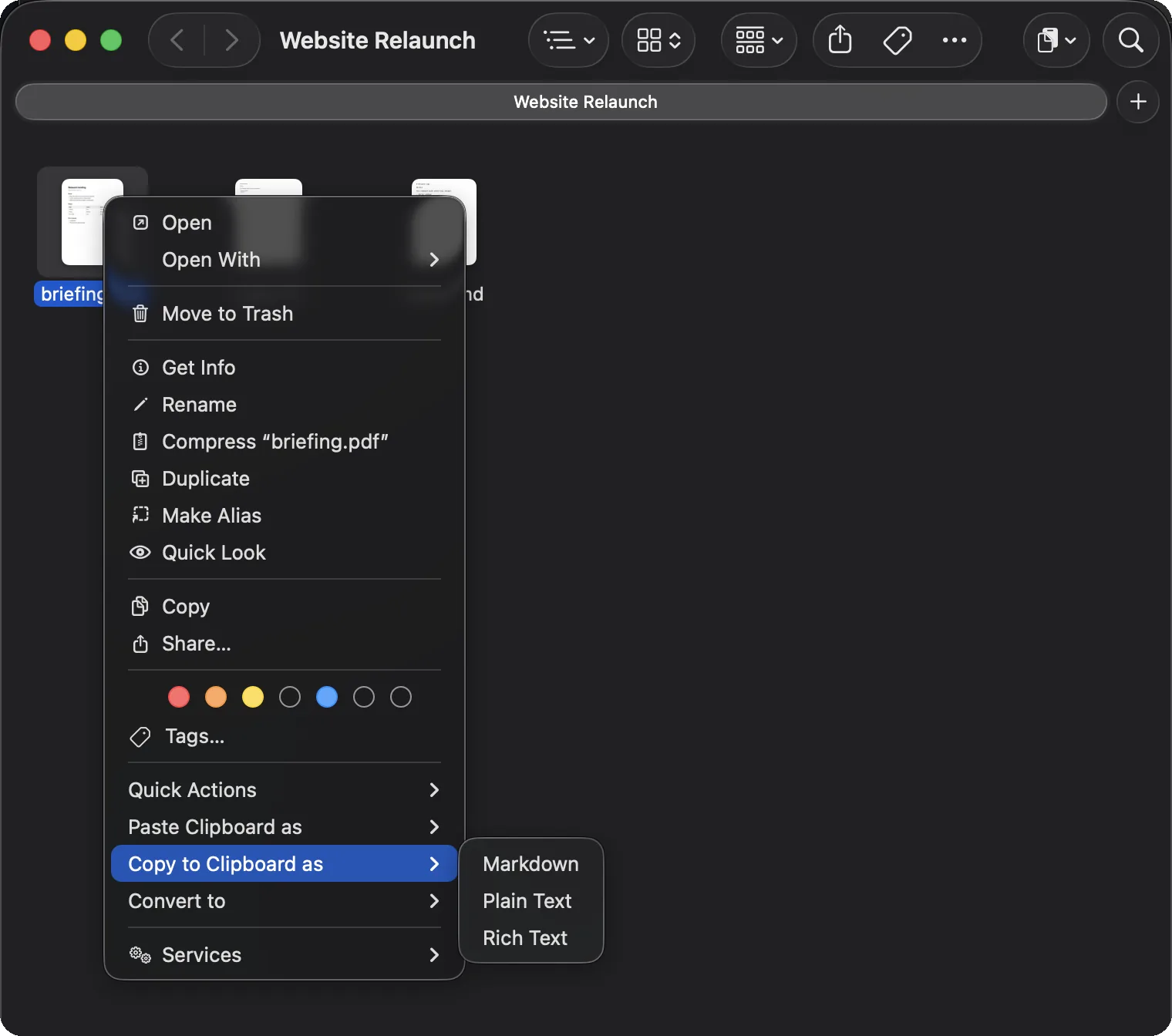The Finder context menu on the PDF, with Klippster’s Copy to Clipboard as submenu open: Markdown, Plain Text, Rich Text.