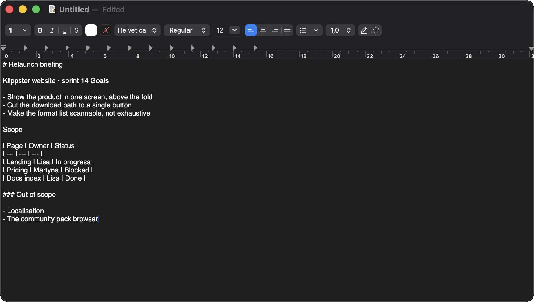 TextEdit showing clean Markdown: a hash heading, dash bullets and a real pipe-delimited Markdown table.