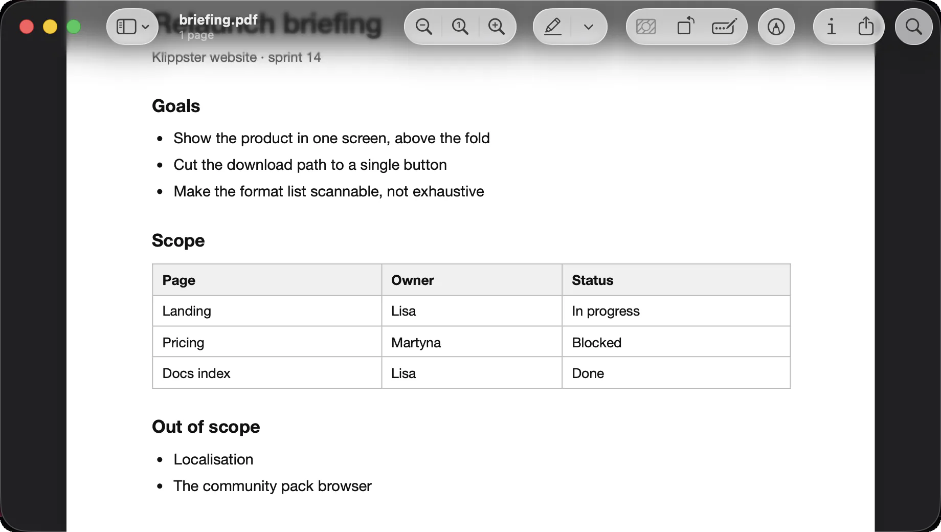 The briefing PDF open in Preview: headings, bulleted lists and a bordered three-column table.